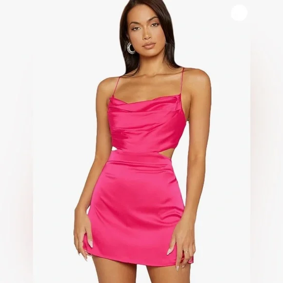 Verdusa Women's Pink Draped Cut Out Crisscross Tie Backless Satin Dress Size M - Picture 2 of 13